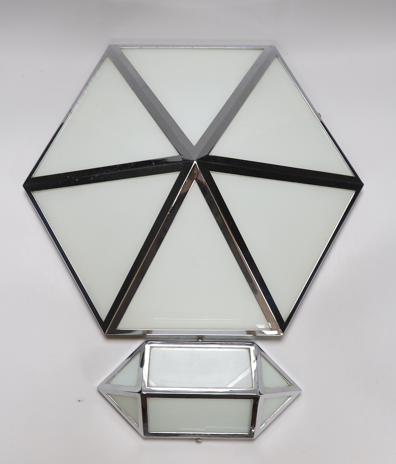 Christopher Wray. Two chrome and opaque glass light fittings